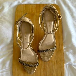 GUILHERMINA beaded strap heeled sandals. Gold with a hint of snakeskin design.